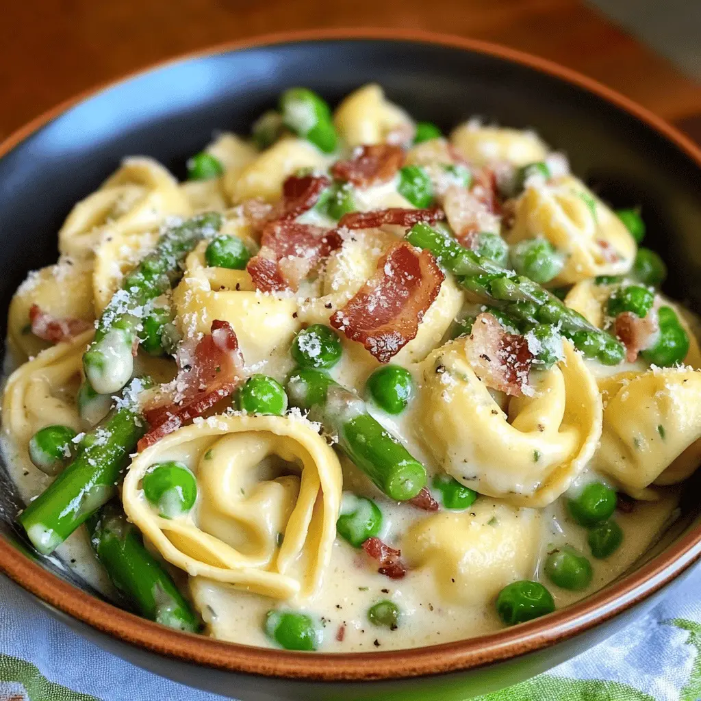 Experience a delightful blend of flavors with this Creamy Tortellini featuring fresh peas, crisp asparagus, and savory bacon. This hearty dish comes together in no time, making it perfect for busy weeknights or special gatherings. Save this recipe for a quick meal that will impress family and friends alike!