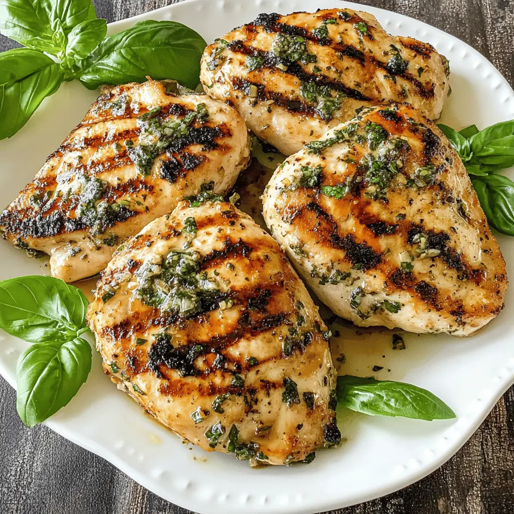 Get ready to enjoy juicy Grilled Basil Garlic Chicken Breasts! This recipe features tender chicken marinated in aromatic basil and fresh garlic, perfect for summer BBQs or weeknight dinners. Simple to make and bursting with flavor, it's a dish everyone will love. Save this pin for an easy and delicious meal anytime!