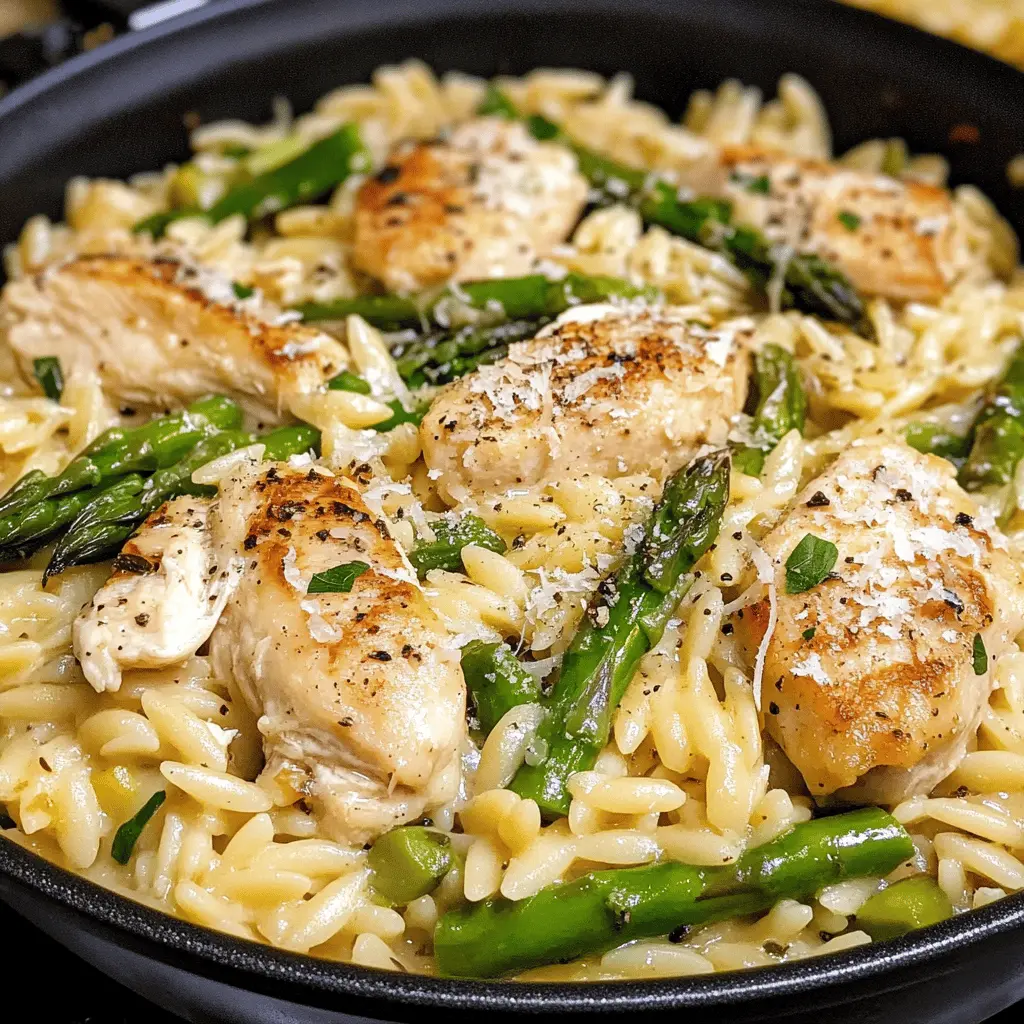 This One-Pot Creamy Parmesan Orzo with Chicken and Asparagus is your new weeknight hero! With tender chicken, fresh asparagus, and creamy Parmesan cheese, every bite is a delight. Perfect for busy evenings or impressing guests, this dish is a must-try. Save this recipe now to bring a taste of comfort to your dinner table!