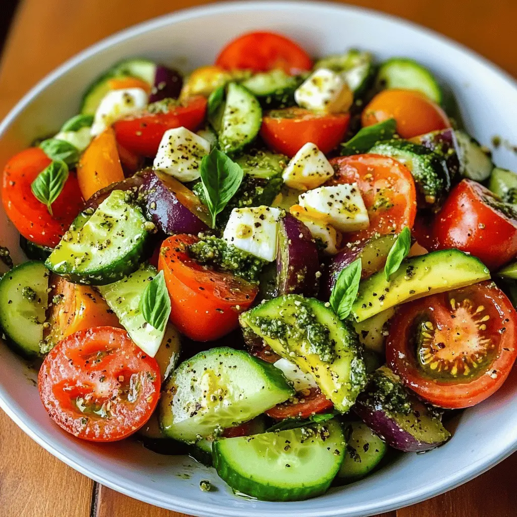 Brighten your meal with this fresh Tomato Cucumber Salad! Bursting with ripe tomatoes, crunchy cucumbers, creamy avocado, and delightful mozzarella, it's drizzled with fragrant basil pesto for extra flavor. Perfect for spring gatherings or a light lunch! Save this recipe to enjoy a taste of summer any day!