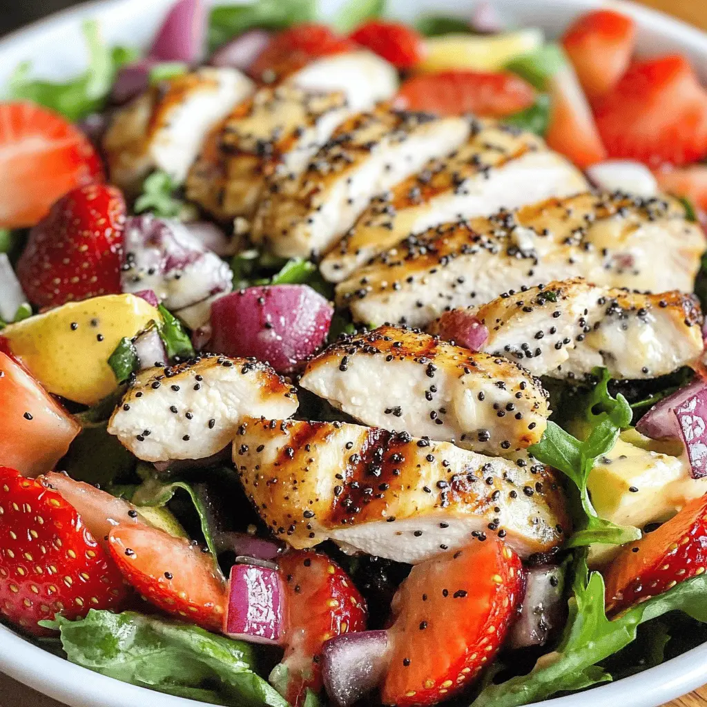 Fresh and vibrant, this Strawberry Poppy Seed Salad with Grilled Chicken is the perfect blend of sweet and savory! Juicy strawberries, crunchy almonds, and tender grilled chicken come together with a light poppy seed dressing, making it an ideal dish for warm days or a light lunch. Save this refreshing recipe for your next picnic or dinner gathering!
