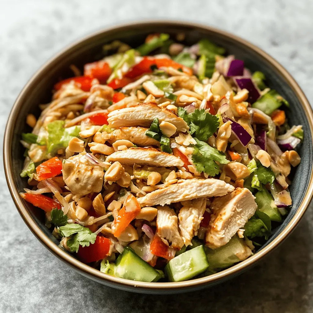 This Thai Chicken Salad with Peanut Dressing is a refreshing and vibrant dish packed with bold flavors! Juicy chicken, crisp veggies, and a creamy peanut dressing come together for a satisfying meal. Perfect for a light lunch or dinner, this salad is quick and easy to make. Save this recipe to impress your friends and family or to enjoy during a sunny picnic!