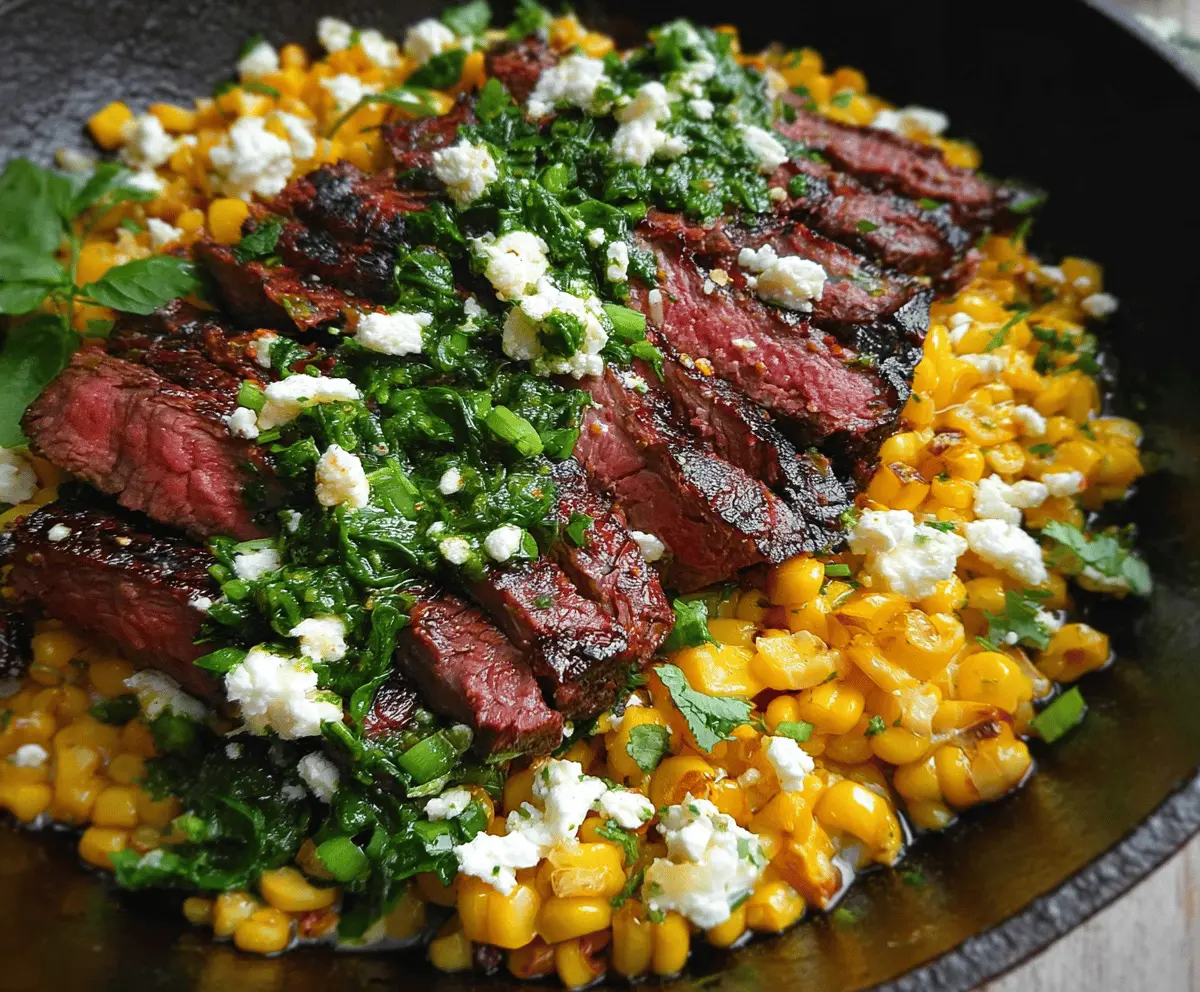 Easy Flank Steak with Corn, Feta & Spinach Sauce