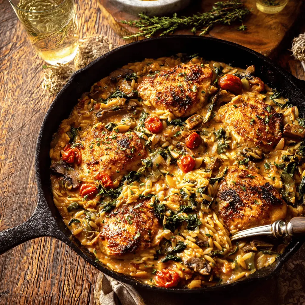 Easy Tuscan Chicken and Orzo Skillet Recipe