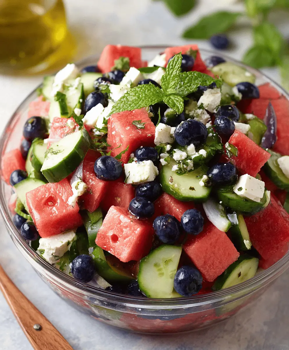 Refreshing Watermelon Feta Salad with Cucumber and Blueberries