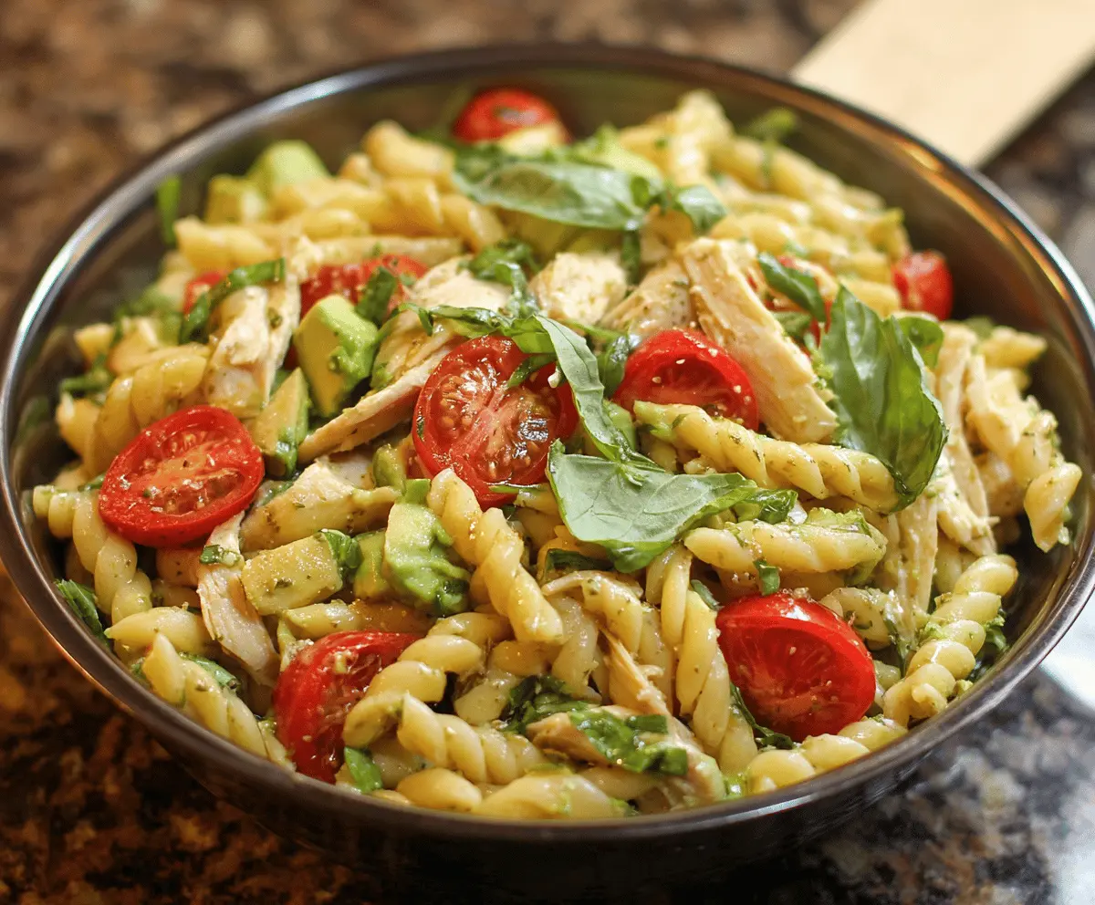 Healthy Chicken Pasta Salad with Creamy Avocado and Fresh Tomato