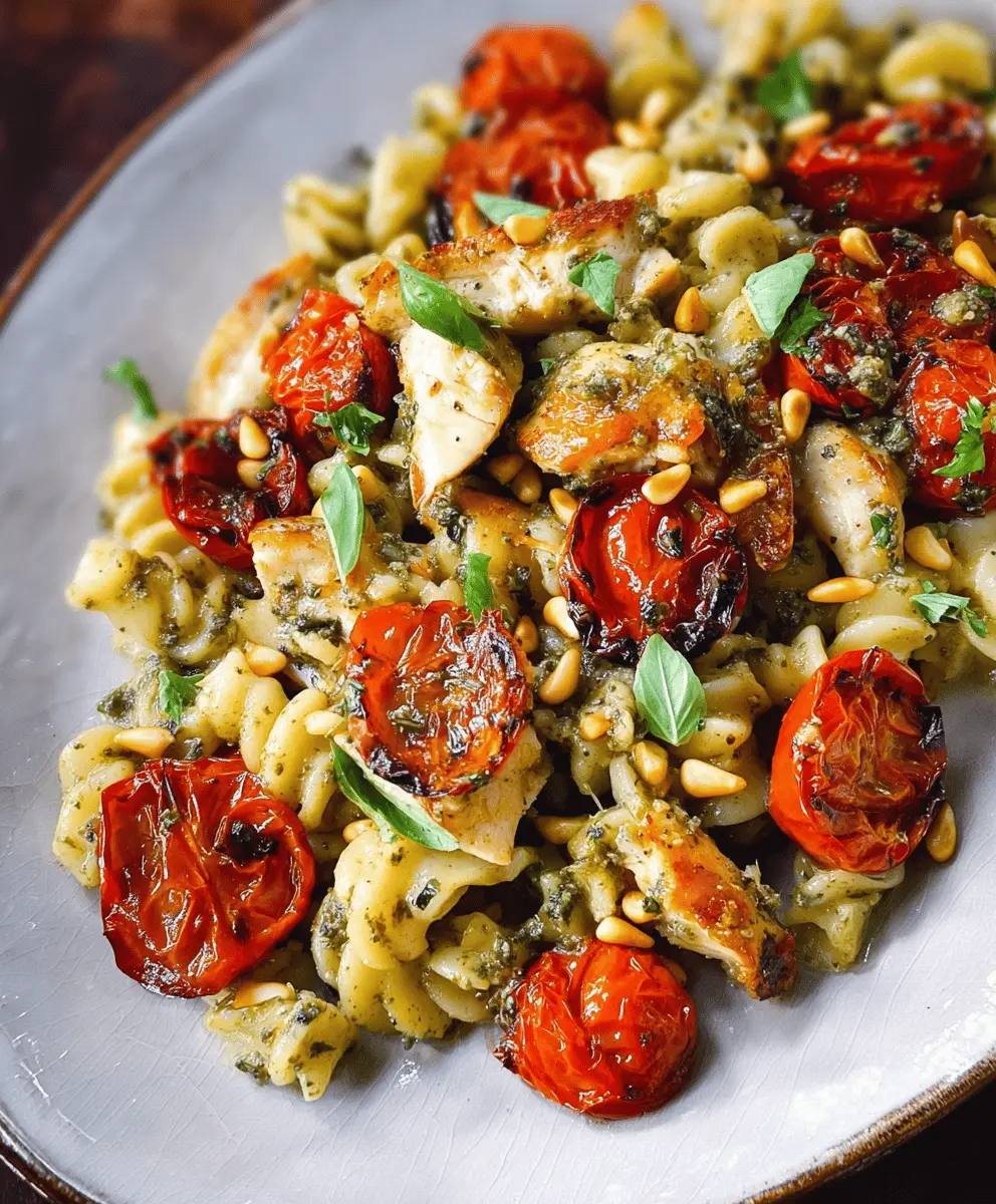 Easy Chicken Pesto Pasta with Roasted Tomatoes and Pine Nuts