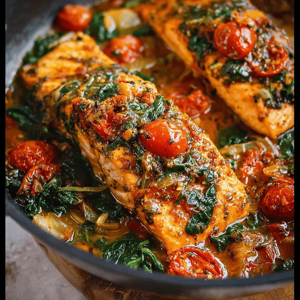 Tuscan Garlic Salmon with Spinach and Tomatoes