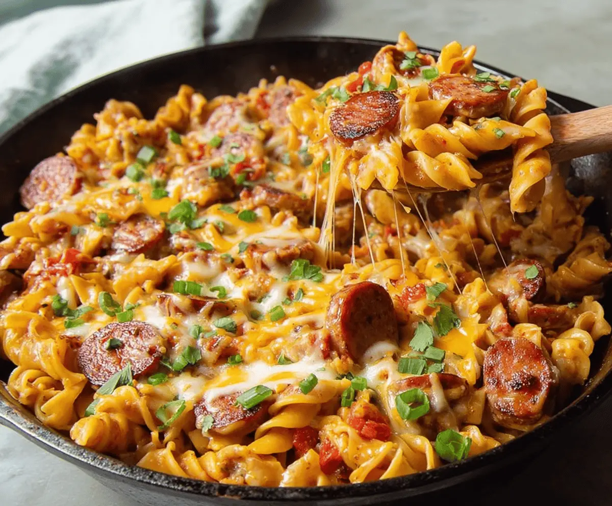 One Pot Cheesy Smoked Sausage Pasta Skillet