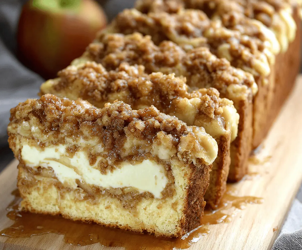 Delicious Apple Crisp Cheesecake Bread topped with apple slices and crunchy streusel for a flavorful dessert or breakfast treat.