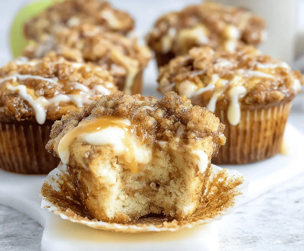 Delicious Apple Crisp Cheesecake Muffins with golden topping and fresh apple slices on a baking tray