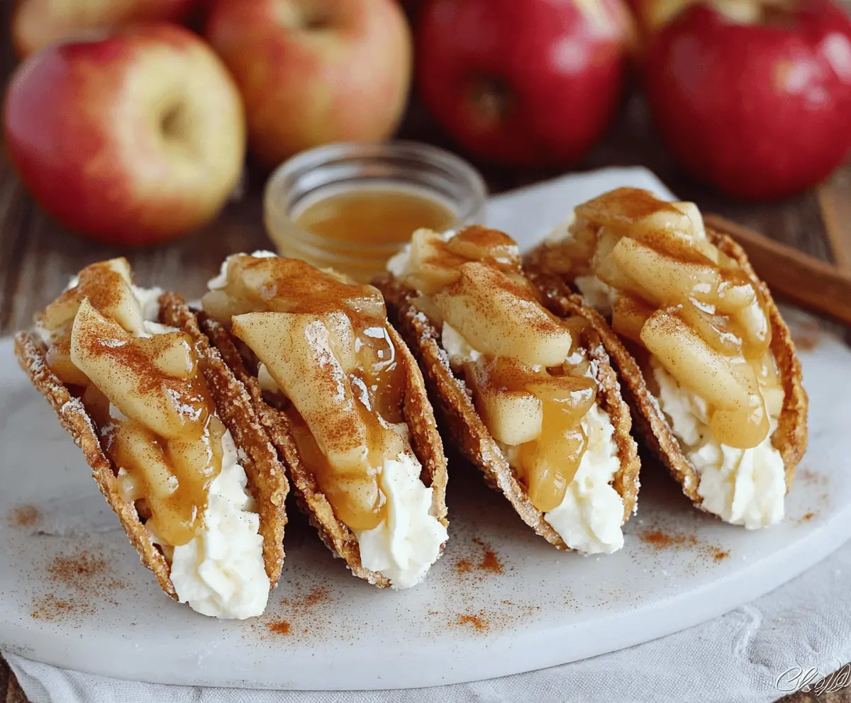 Delicious Apple Pie Cheesecake Tacos with cinnamon-spiced apple filling and creamy cheesecake in crispy taco shells