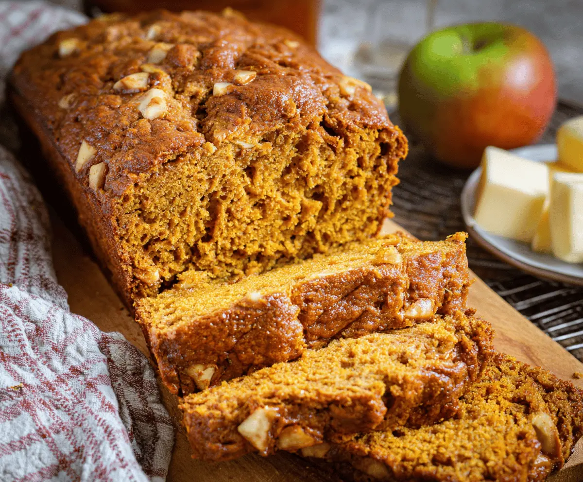 Freshly sliced Apple Pumpkin Bread topped with walnuts and cinnamon, showcasing a moist, flavorful autumn-inspired loaf with apple chunks and pumpkin spices.