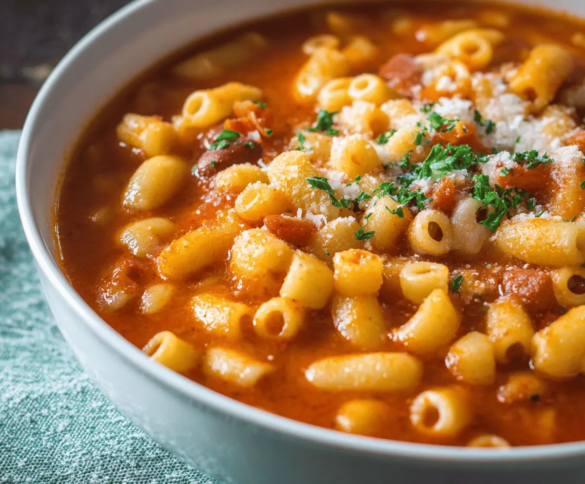 A bowl of authentic Italian Pasta Fagioli soup with pasta, beans, fresh herbs, and vegetables ready to serve.