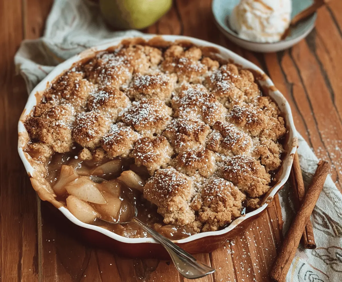 A delicious autumn spice pear cobbler topped with golden crust, perfect for fall desserts.