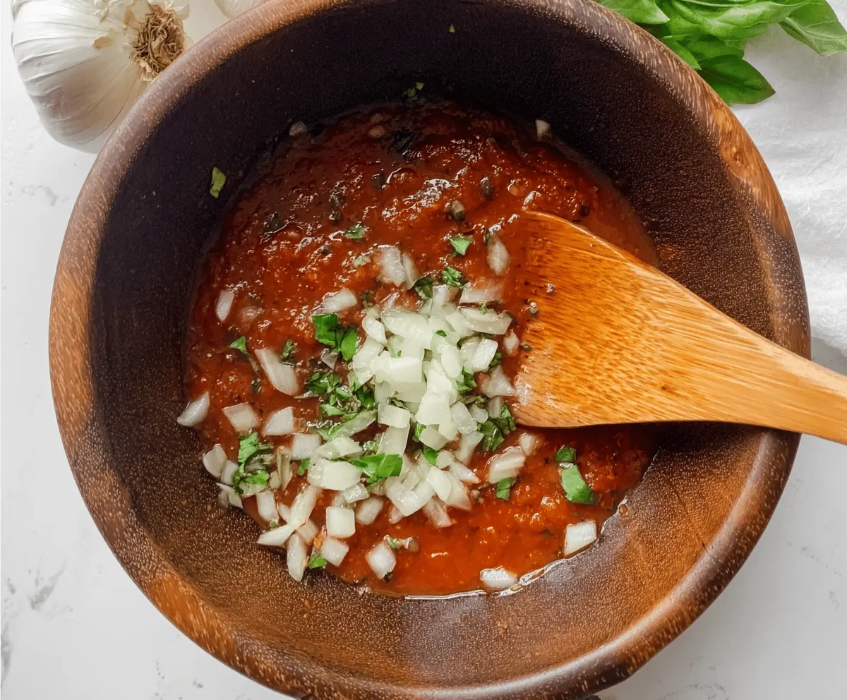 Delicious homemade marinara sauce in a bowl with fresh tomatoes, garlic, basil, and olive oil, perfect for pasta or dipping