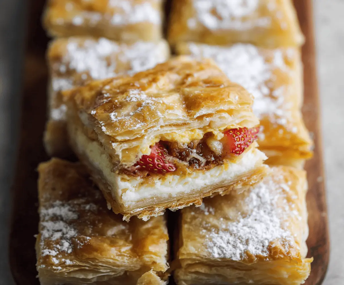 Delicious homemade breakfast puff pastry bars with a golden flaky crust, filled with sweet fruit and cream cheese, perfect for a morning treat.