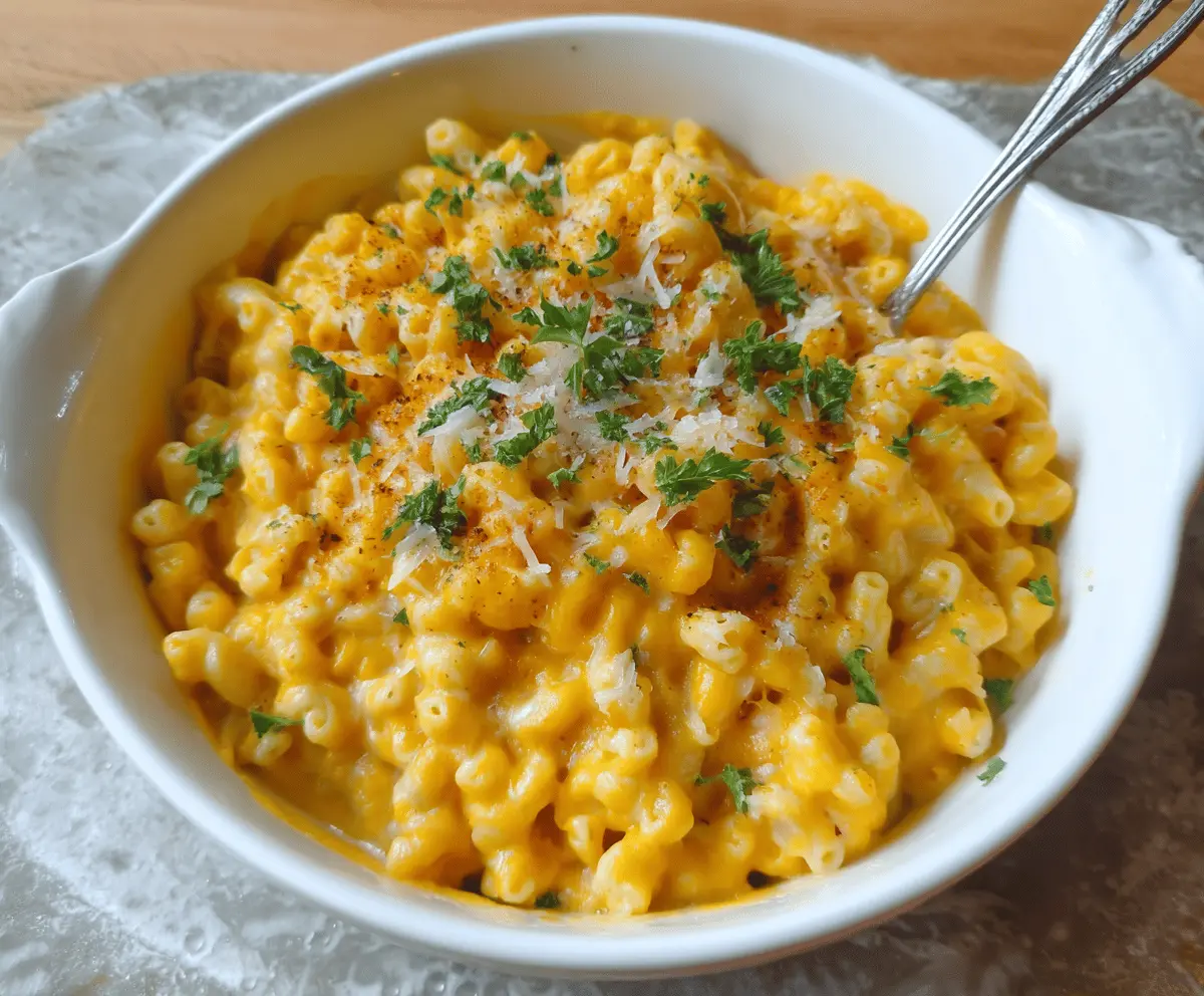 Creamy butternut squash mac and cheese in a baking dish topped with melted cheese and fresh herbs, perfect for a comforting vegetarian meal.