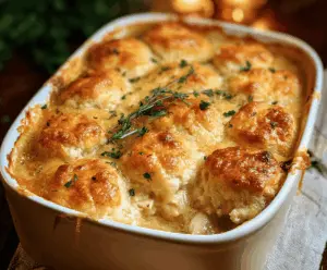 Delicious Cheddar Bay Chicken Cobbler in a baking dish topped with melted cheddar cheese and herbs, ready to serve
