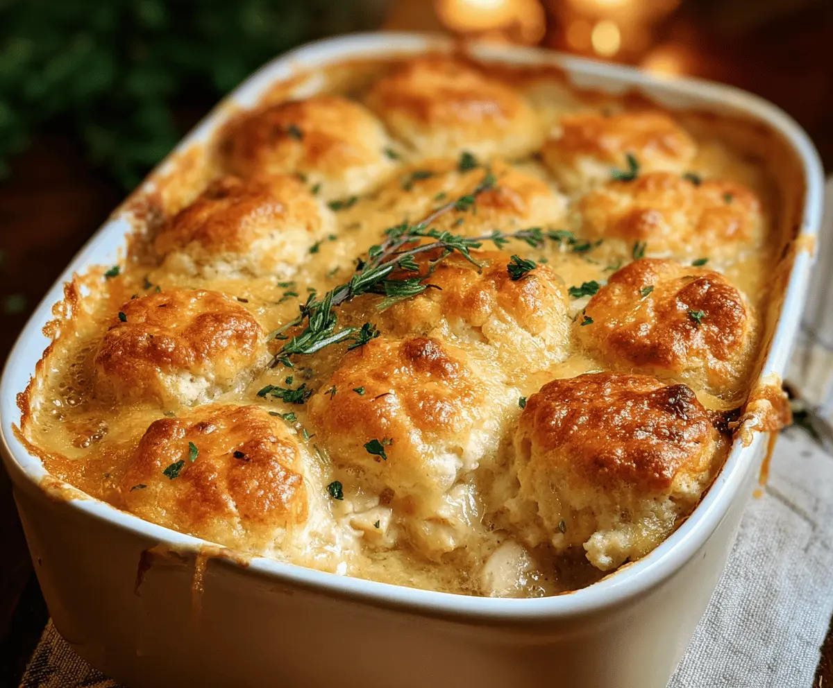 Delicious Cheddar Bay Chicken Cobbler in a baking dish topped with melted cheddar cheese and herbs, ready to serve