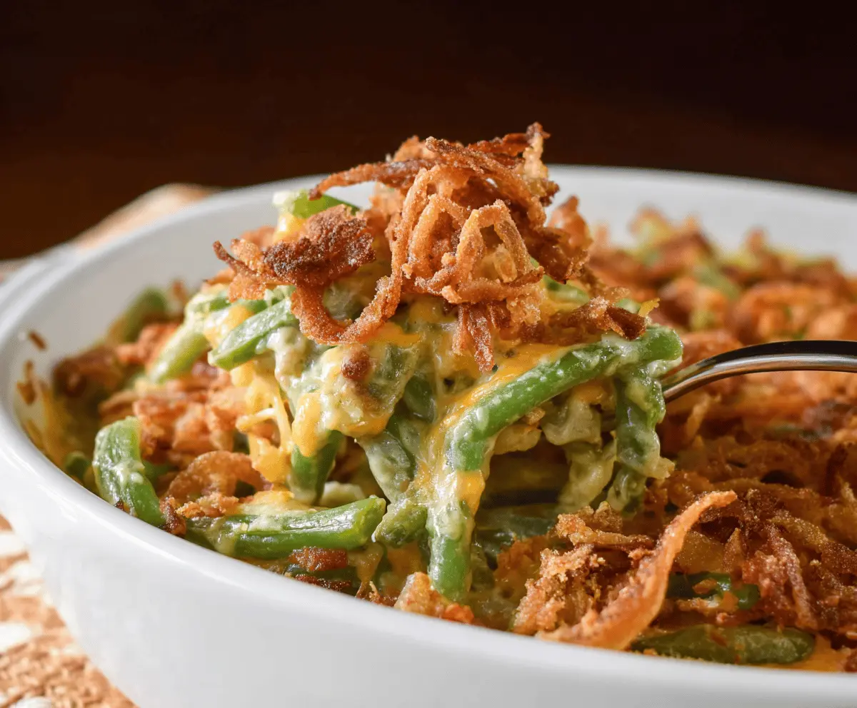 Creamy cheesy green bean casserole topped with golden crispy onions, perfect as a flavorful side dish for holiday dinners.