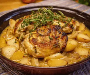 Delicious Chicken Normandy (French Apple Cider Chicken) served with fresh herbs and apple slices, showcasing a savory and flavorful French-inspired dish.