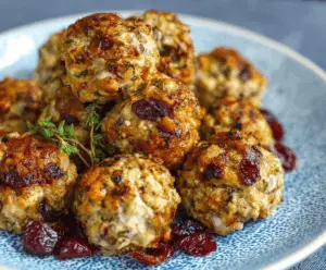 Delicious cranberry turkey stuffing balls served on a white plate, perfect for holiday appetizers