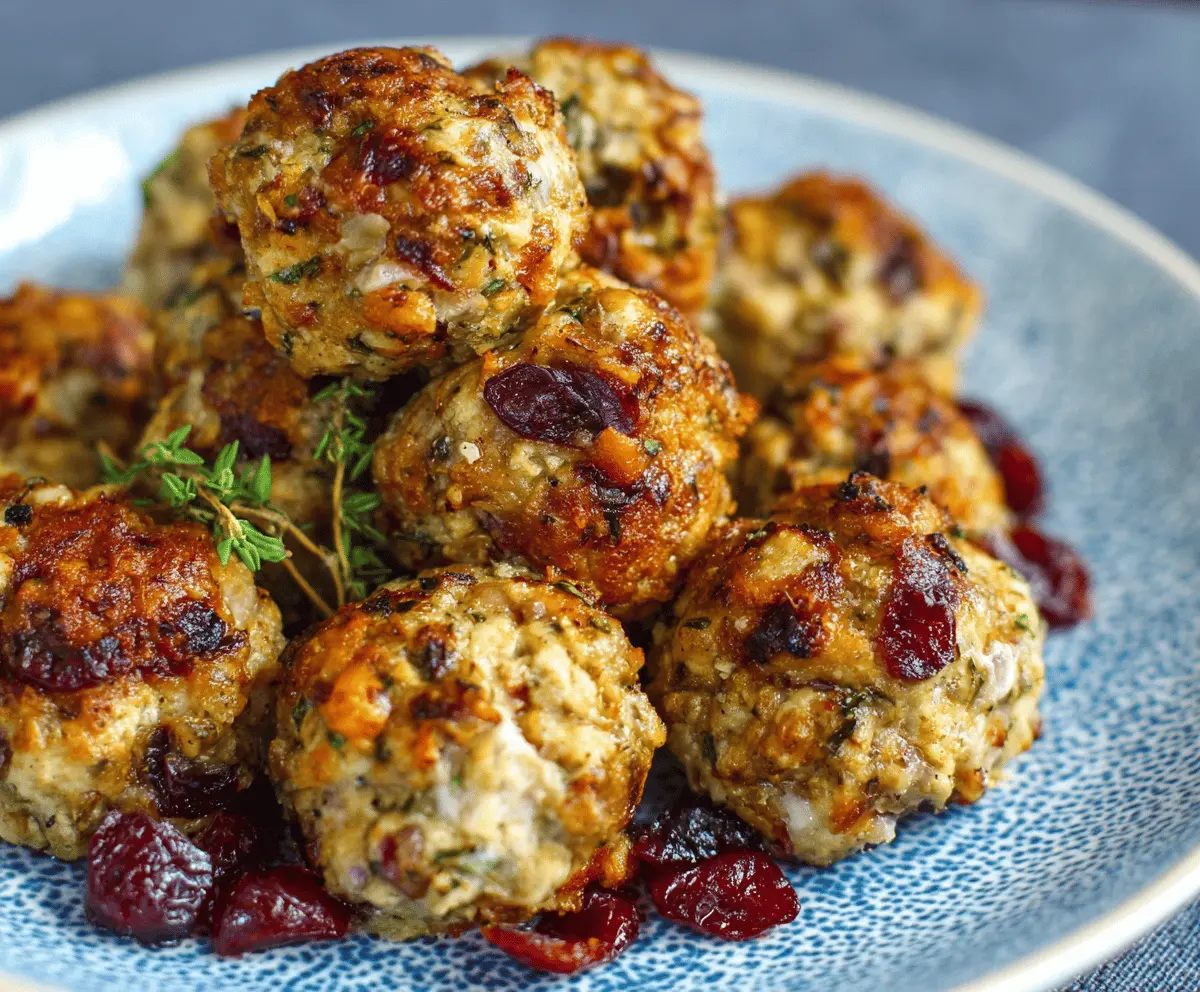 Delicious cranberry turkey stuffing balls served on a white plate, perfect for holiday appetizers