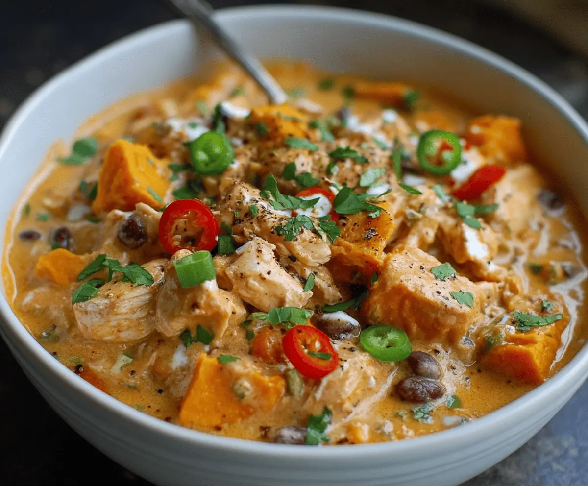Cream Cheese Chicken Chili with Sweet Potatoes in a bowl, topped with fresh herbs and served with a side of sliced bread.