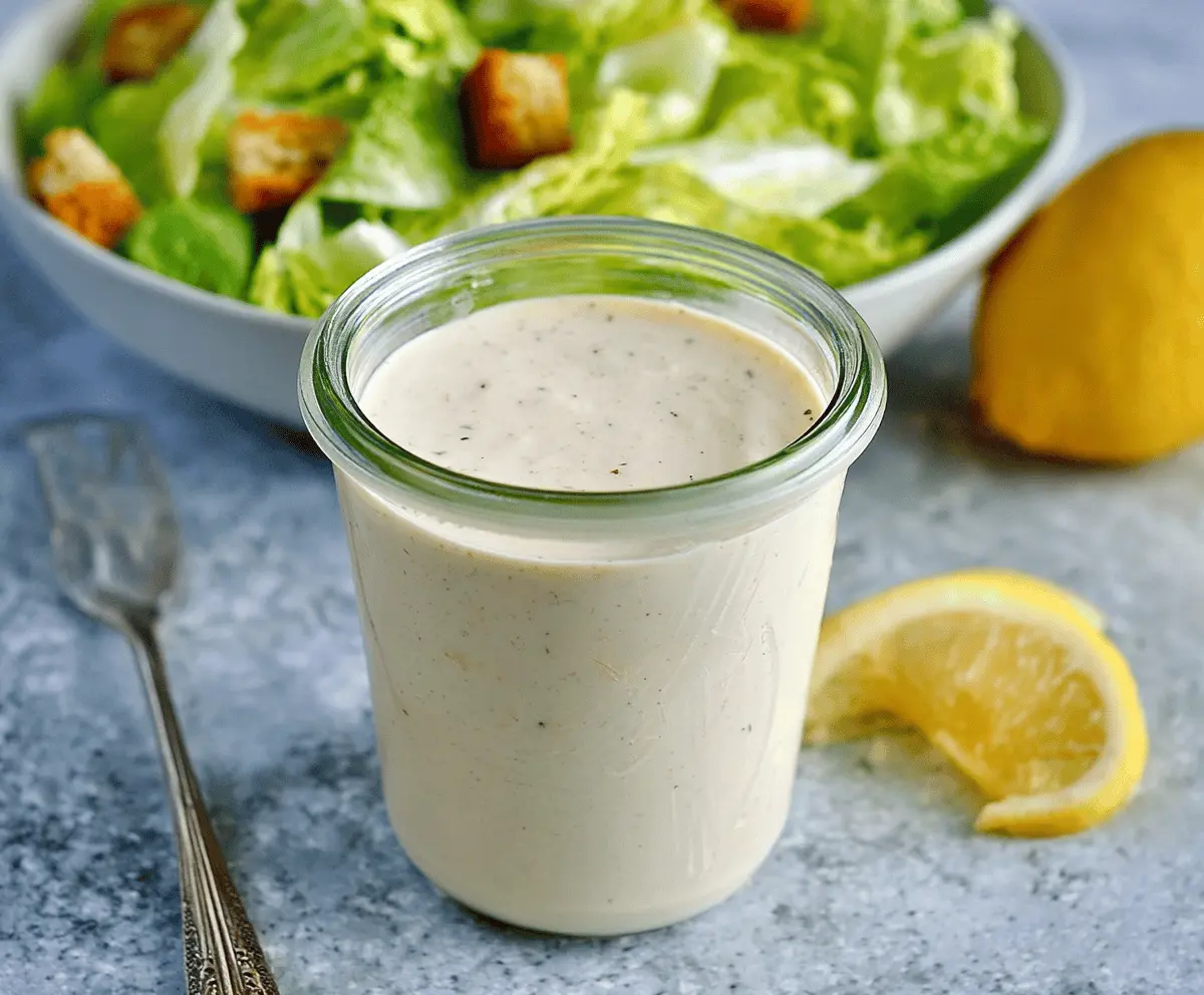 Creamy Caesar dressing in a bowl with fresh romaine lettuce and Parmesan cheese for a flavorful salad topping.