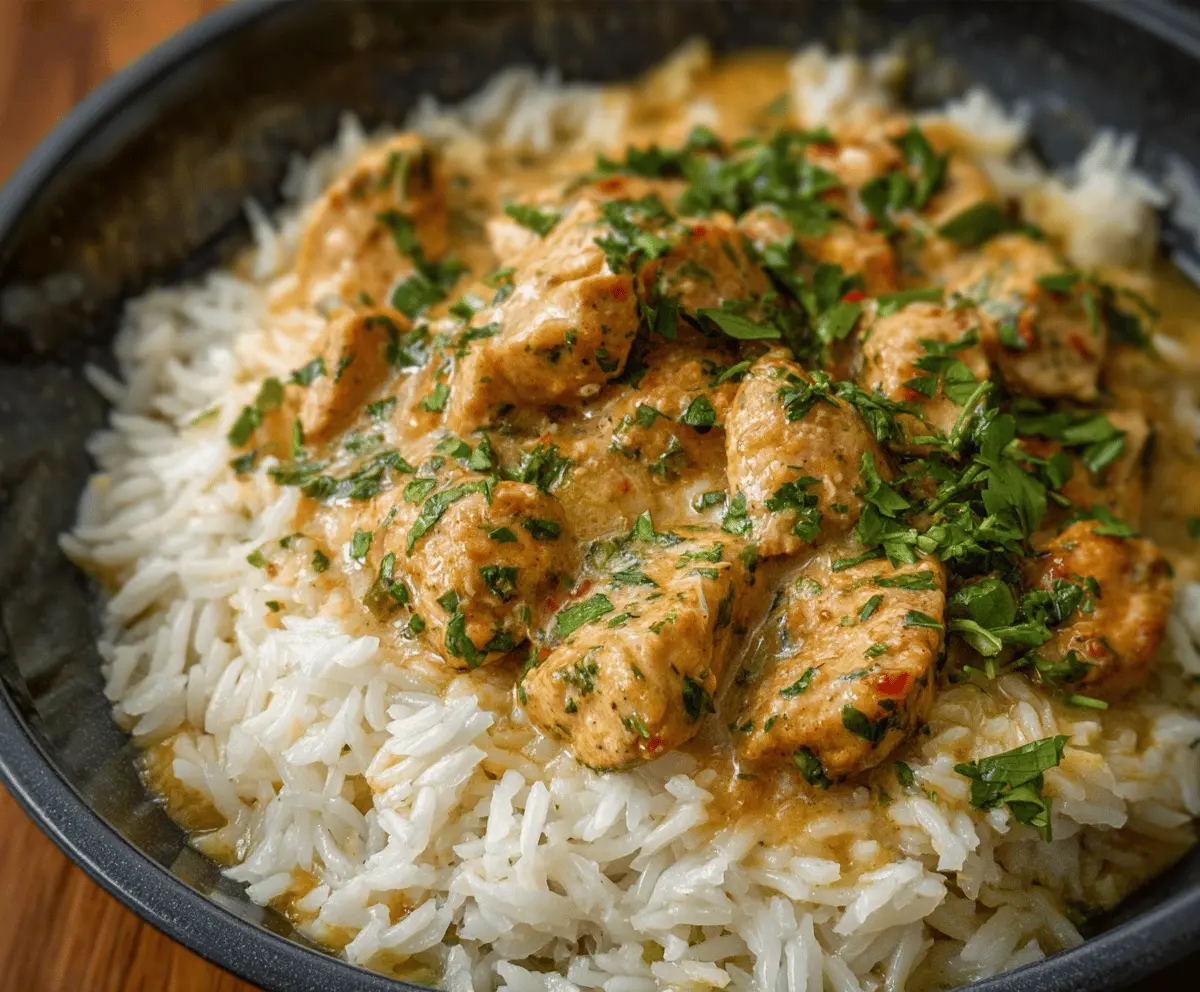 Creamy herb chicken served with fluffy basmati rice garnished with fresh herbs, perfect for a flavorful and comforting meal.