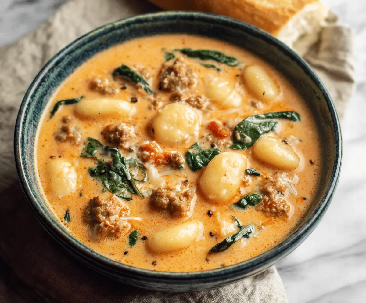 Creamy Italian Sausage Gnocchi Soup in a bowl with fresh herbs, showcasing tender gnocchi, sausage, and leafy greens