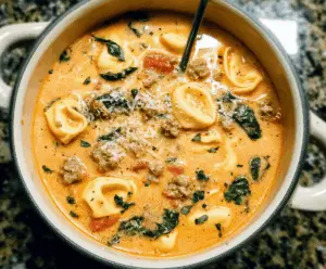 Creamy sausage tortellini soup in a bowl with melted cheese, fresh herbs, and sliced sausage pieces, served hot on a rustic wooden table.