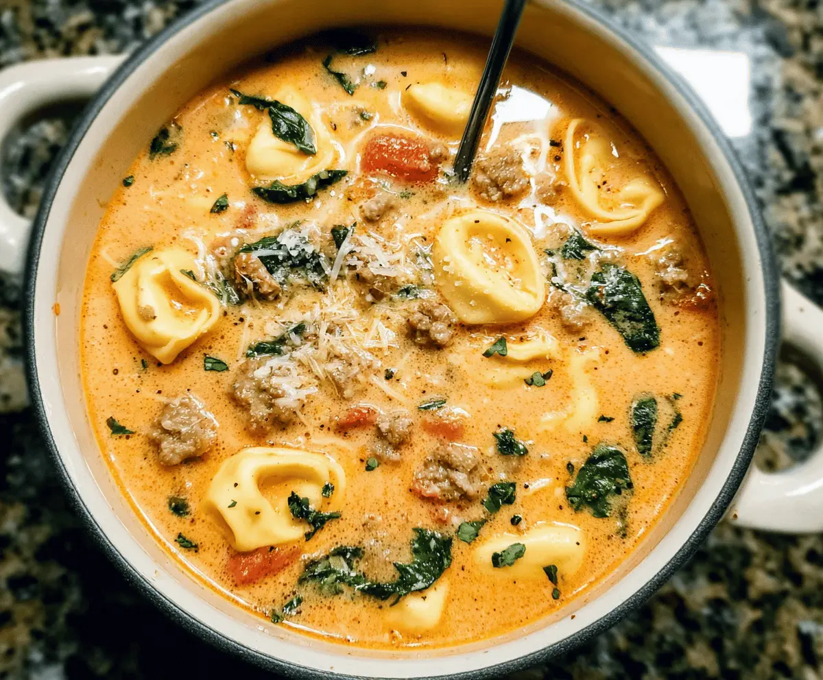 Creamy sausage tortellini soup in a bowl with melted cheese, fresh herbs, and sliced sausage pieces, served hot on a rustic wooden table.