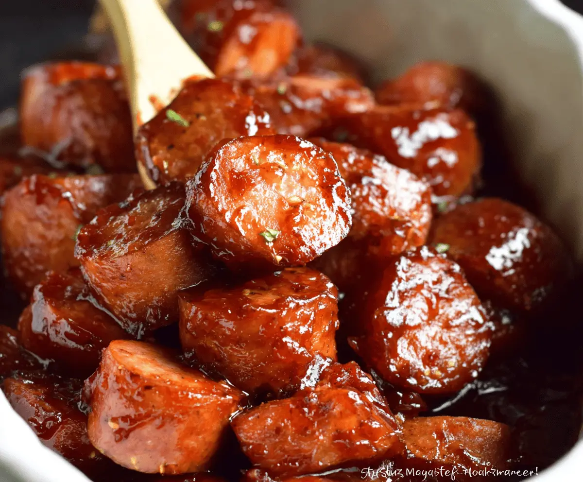 Delicious Easy Crockpot Sweet and Spicy Kielbasa Bites served on a platter with dipping sauce, perfect for appetizer or snack