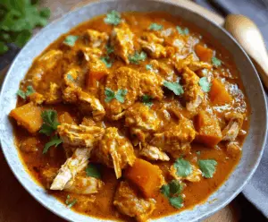 Creamy pumpkin chicken curry served with rice, featuring tender chicken chunks and flavorful spices in a vibrant orange sauce.