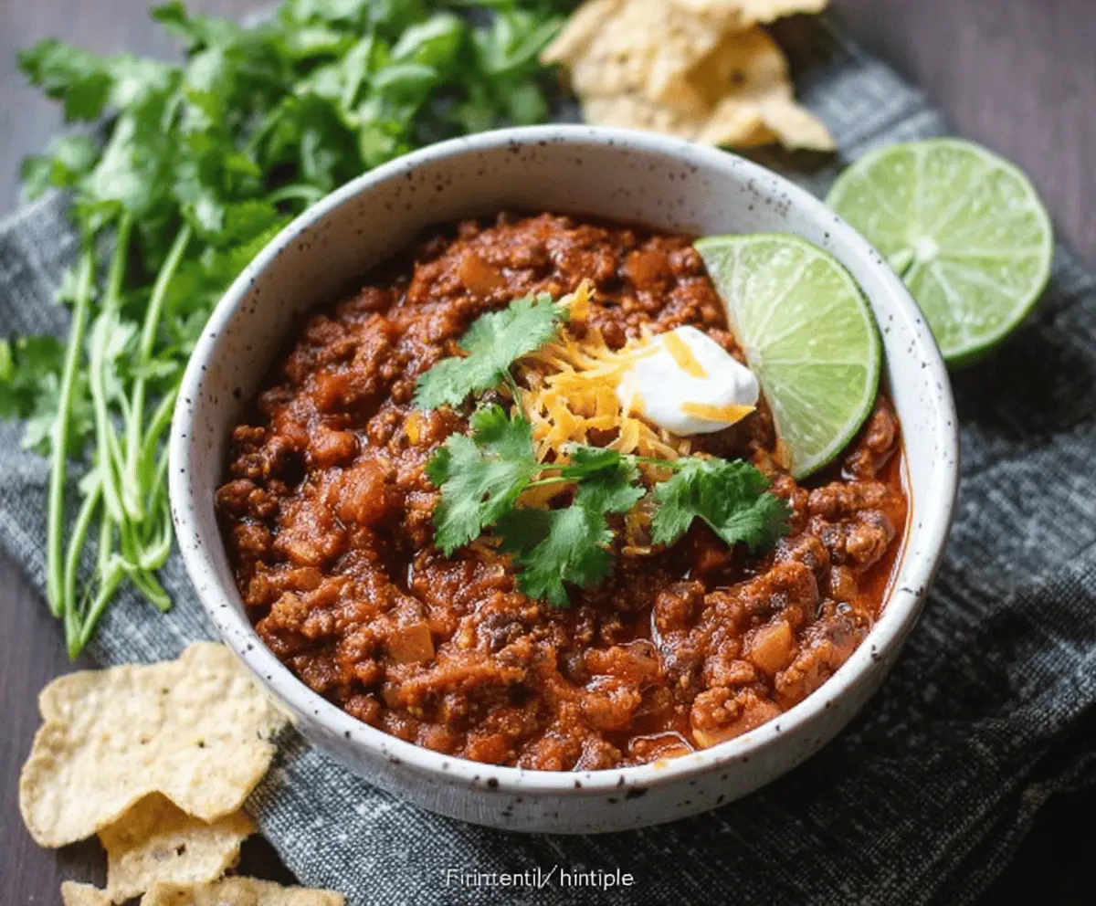 A bowl of hearty easy weeknight chili topped with shredded cheese and fresh cilantro, served with cornbread on the side.