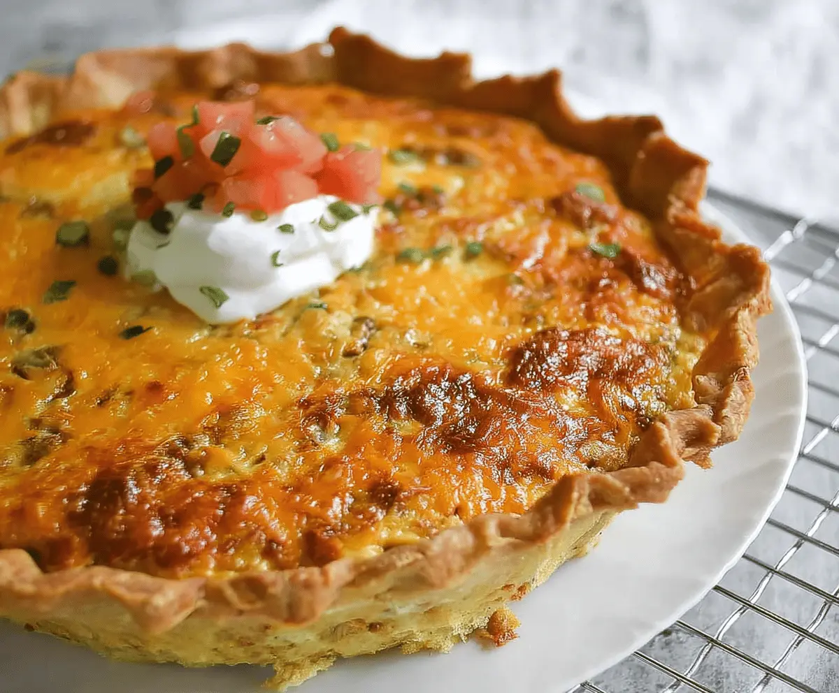 Delicious Enchilada Quiche featuring layers of cheese, savory enchilada sauce, and fresh ingredients in a golden crust, perfect for breakfast or brunch.