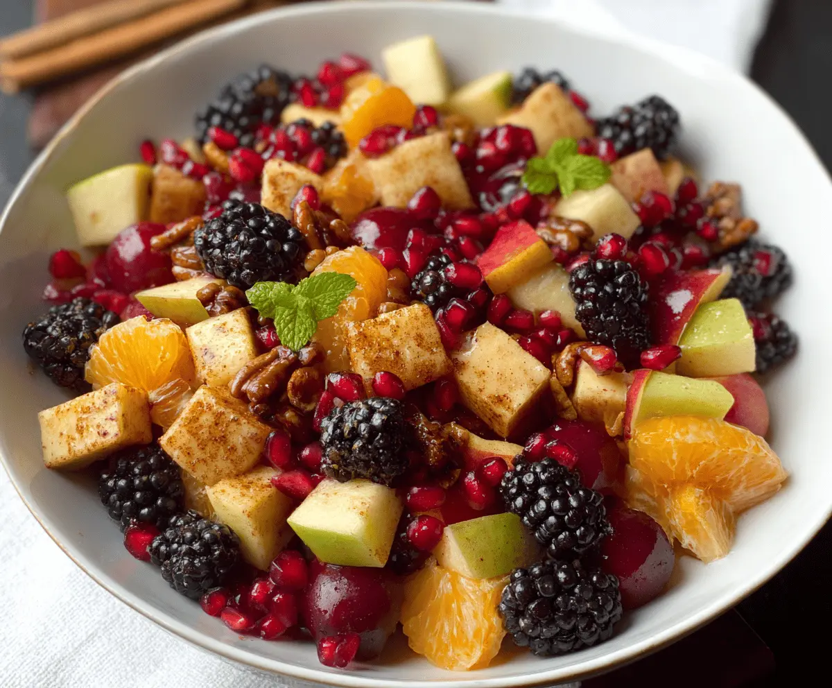 Colorful fall fruit salad featuring sliced apples, pears, grapes, and pomegranate seeds in a decorative bowl for a healthy seasonal treat.