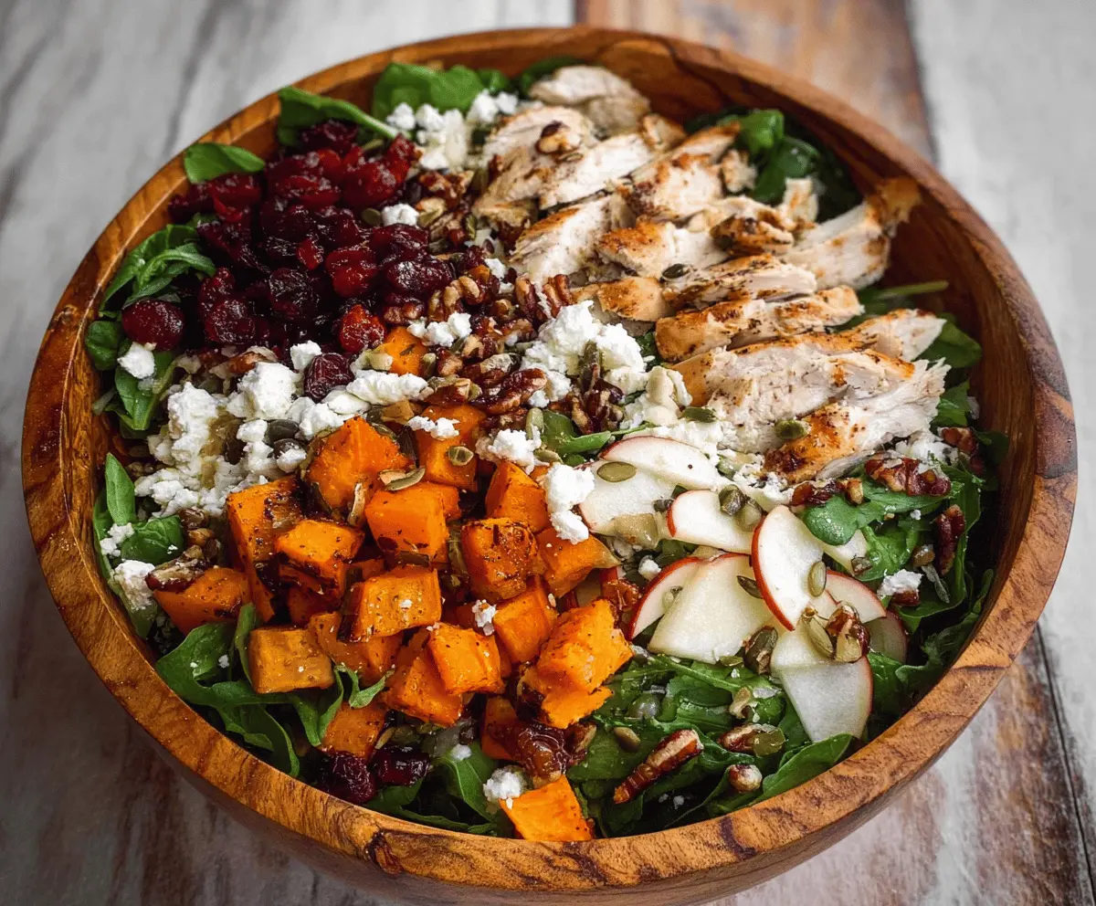 Fresh fall harvest salad with grilled chicken, featuring colorful seasonal vegetables, crisp greens, and a light vinaigrette, perfect for autumn meals.