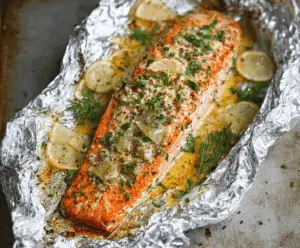 Delicious garlic butter salmon cooked in foil, garnished with fresh herbs and lemon slices, perfect for a flavorful seafood meal