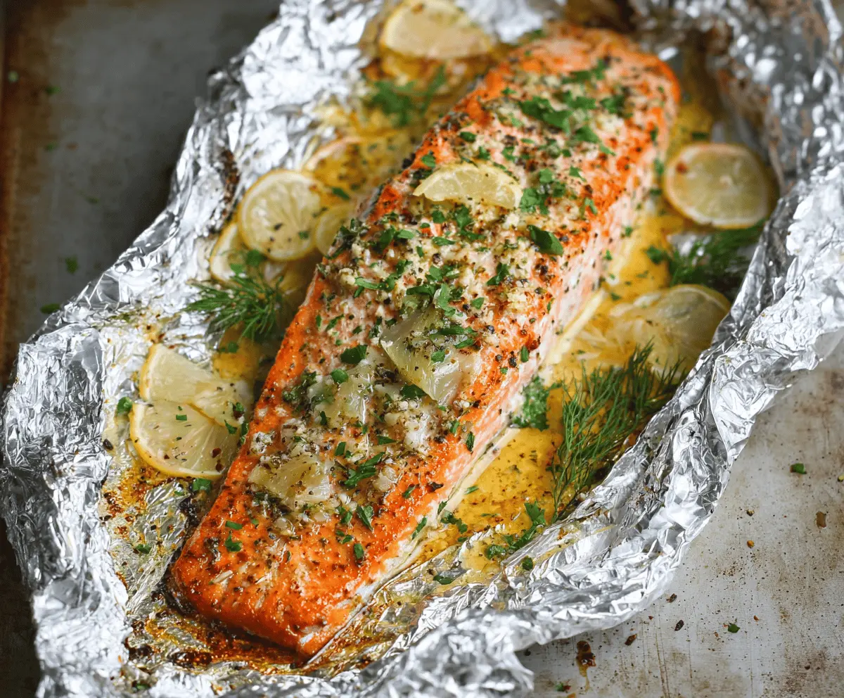 Delicious garlic butter salmon cooked in foil, garnished with fresh herbs and lemon slices, perfect for a flavorful seafood meal