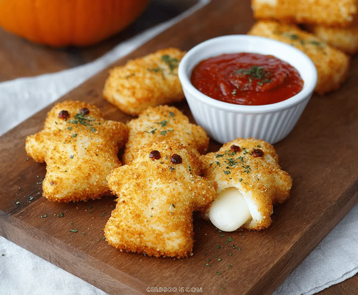 Cute ghost-shaped mozzarella sticks served with marinara sauce, perfect for Halloween parties