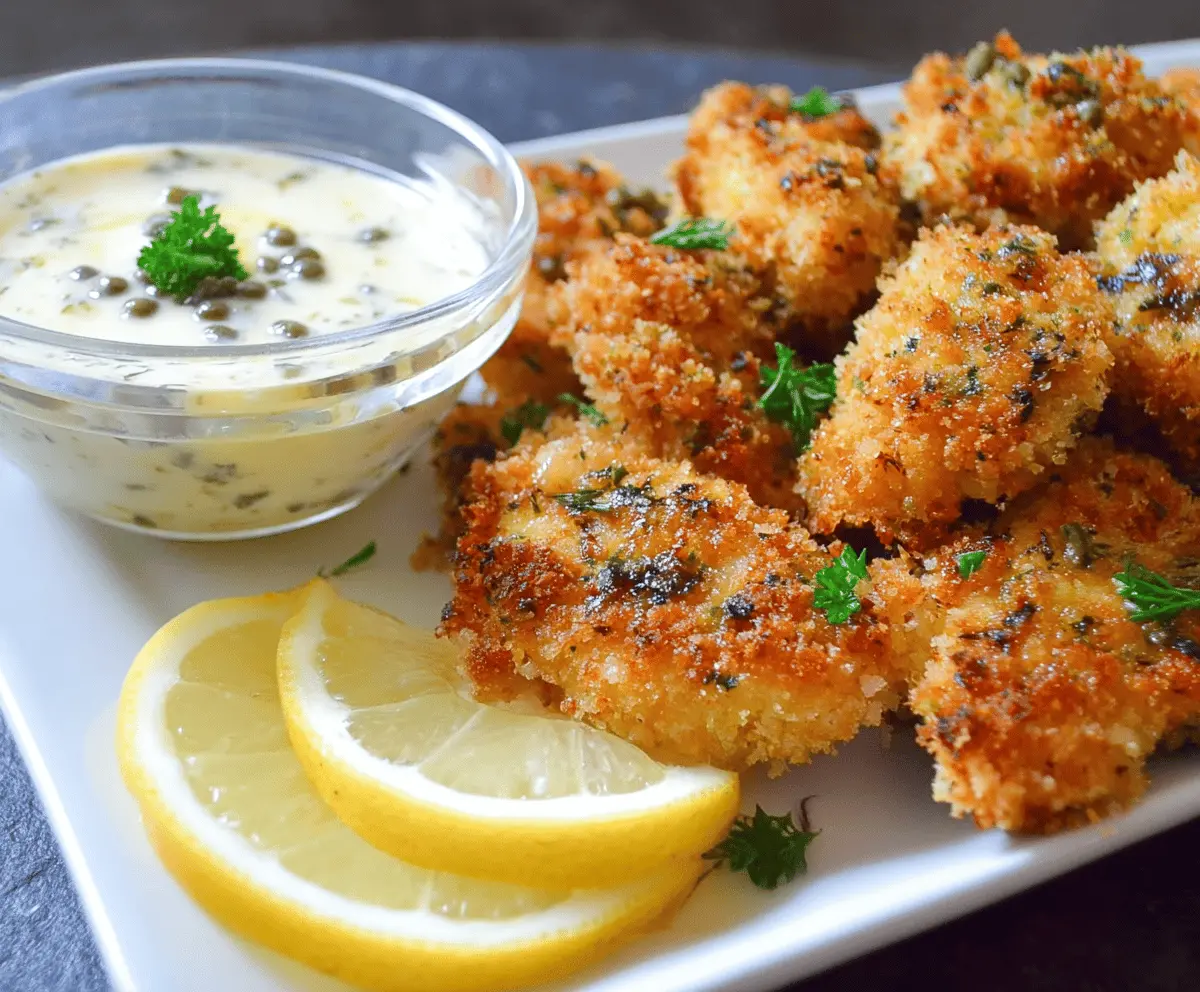 Golden chicken nuggies served with a zesty lemony piccata dip, crispy and flavorful, perfect for snacking or sharing