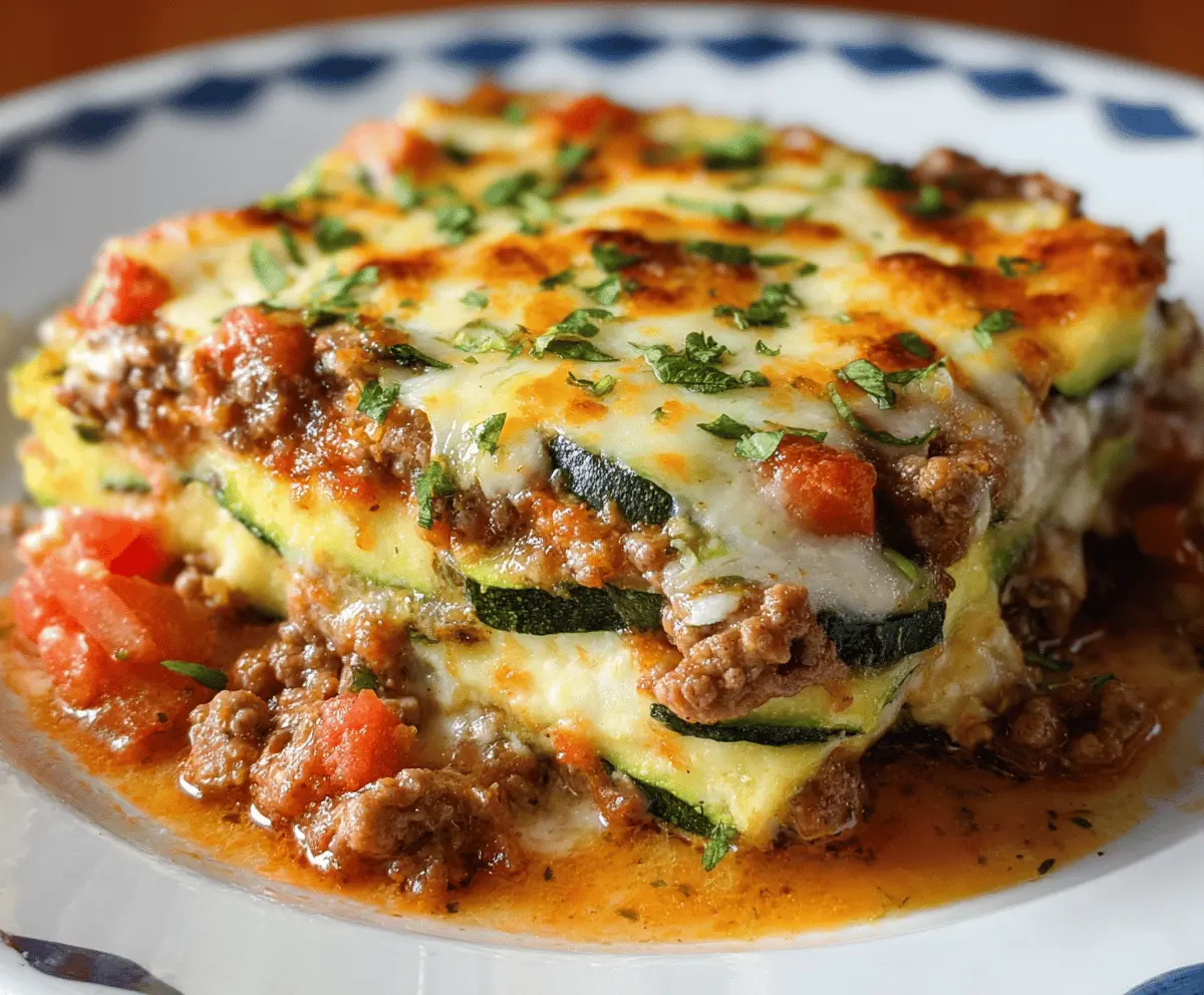 Delicious ground beef zucchini casserole topped with melted cheese and fresh herbs, served in a baking dish—easy healthy dinner recipe.