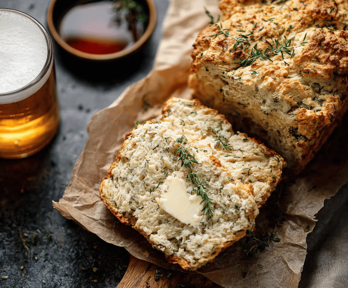 Freshly baked herbed beer bread with a golden crust and aromatic herbs, perfect for pairing with any meal