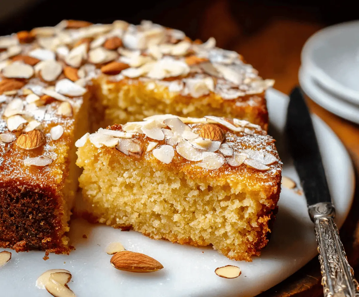 Delicious honey-soaked gluten-free almond cake topped with sliced almonds and a drizzle of honey, perfect for a gluten-free dessert