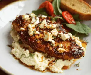 Creamy baked feta chicken topped with spicy hot honey drizzle, garnished with fresh herbs for a flavorful and savory dish.