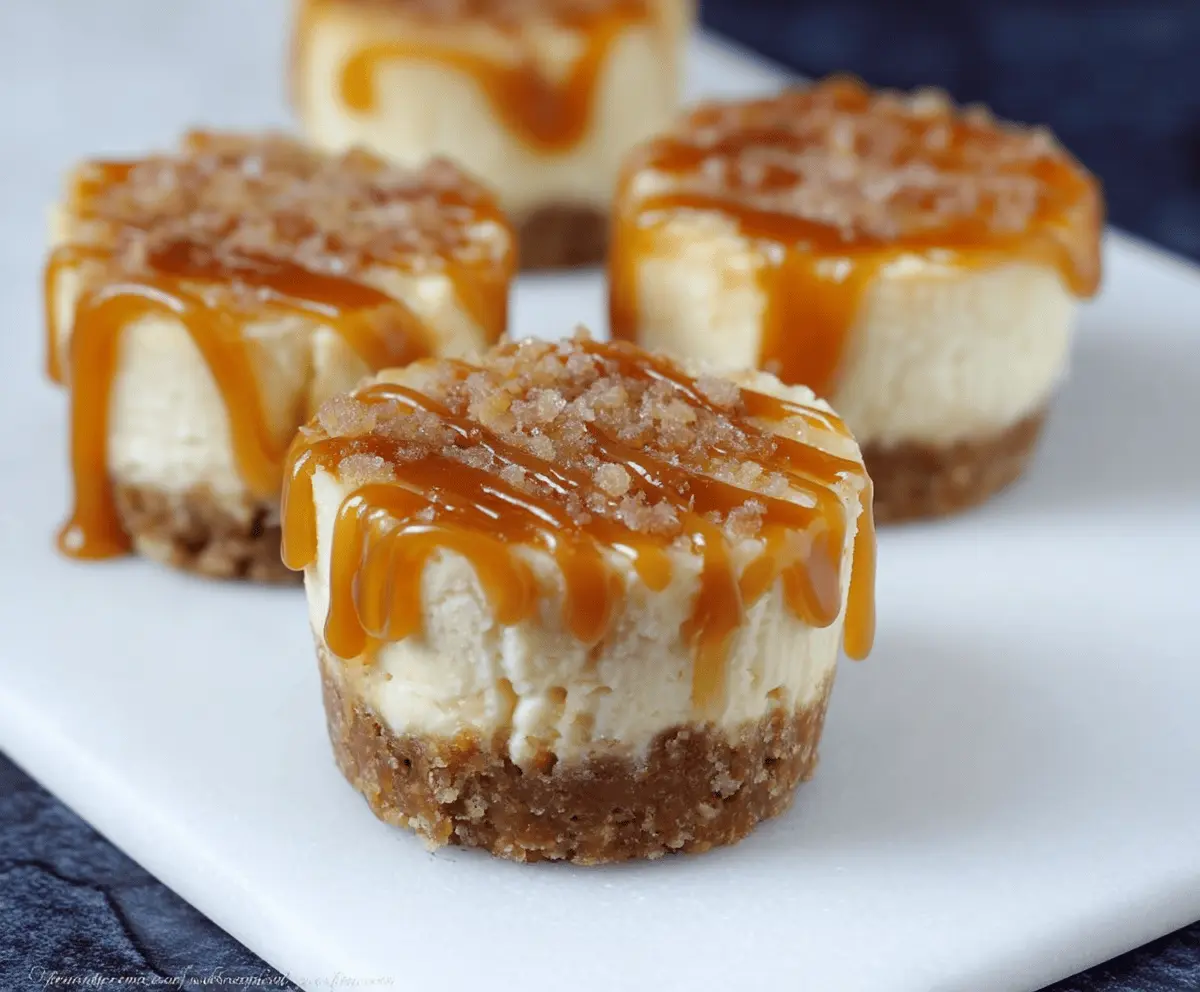 Mini salted caramel cheesecakes topped with caramel drizzle and sea salt on a decorative plate, perfect for dessert cravings