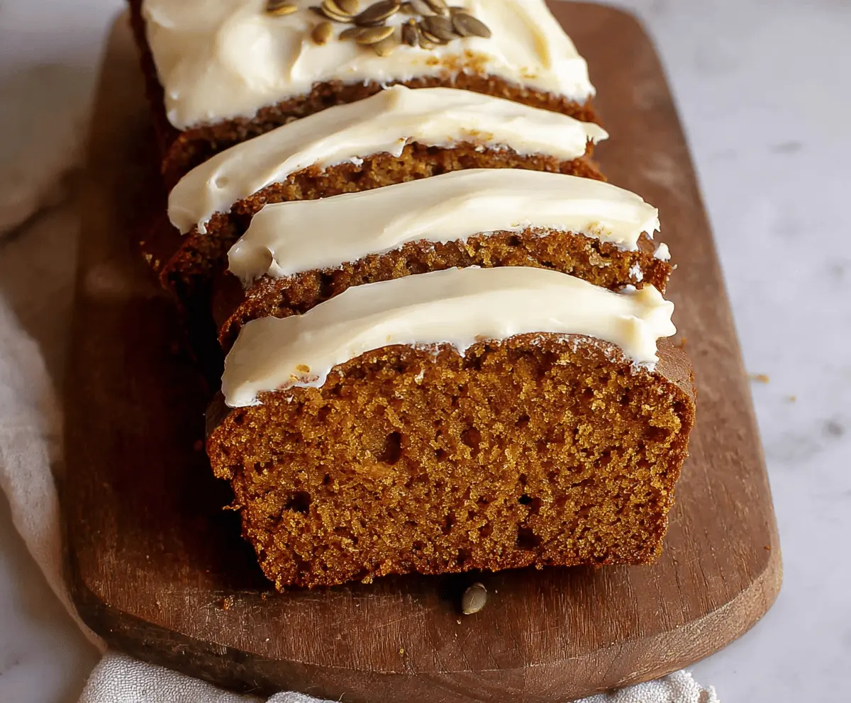 Delicious pumpkin bread topped with creamy cream cheese frosting, featured on Olives + Thyme blog, perfect for fall baking